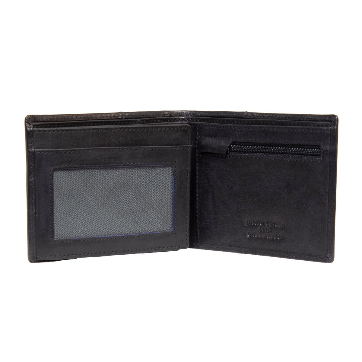 The open Pierre Cardin Wallet, made of genuine dark leather, reveals its well-organized inner compartments. On the left side, you’ll find a prominent transparent ID window. The right side features a zippered pocket along with multiple card slots. The wallet includes RFID protection for enhanced security and has "Pierre Cardin" elegantly embossed on the bottom right corner.