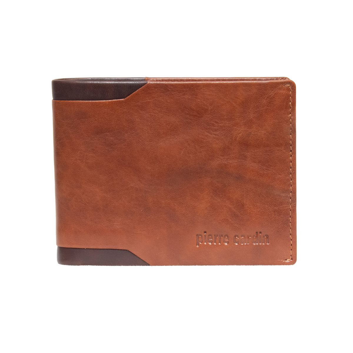 This Pierre Cardin Wallet is a brown leather bifold with a smooth texture and darker brown accents on the corners, crafted from genuine leather. The name "Pierre Cardin" is embossed in small letters on the bottom right corner, and it features RFID protection for added security.