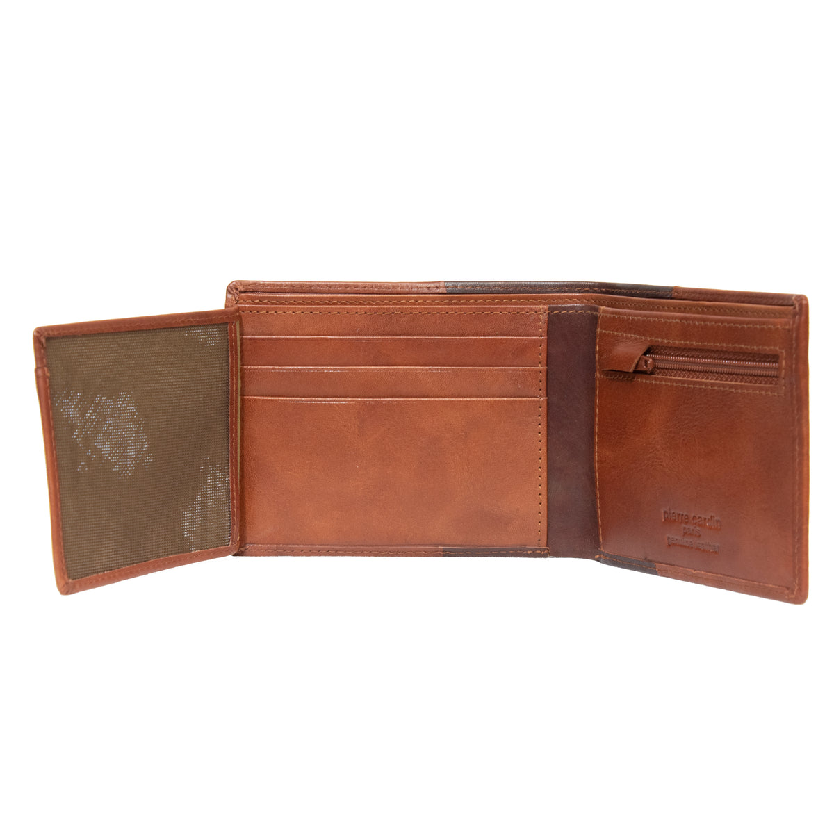 The Pierre Cardin Wallet is open, showcasing multiple card slots, an ID window, and a small zippered pocket. The interior combines genuine leather and fabric materials with RFID protection to keep your information secure.