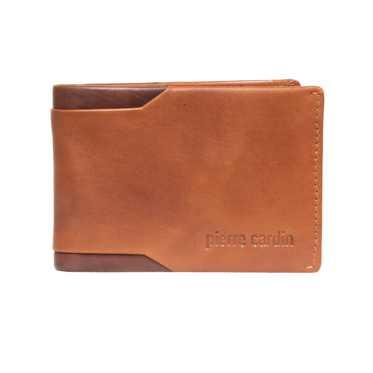The Pierre Cardin Wallet is a brown genuine leather accessory with a smooth finish and "Pierre Cardin" embossed on the lower right. It boasts a sleek design with a partial fold-over flap and includes RFID protection for enhanced security.