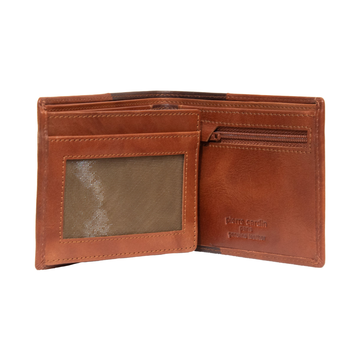 The Pierre Cardin Wallet, crafted from genuine brown leather, is displayed open to showcase its interior compartments, which include a clear ID slot, multiple card slots, and a zippered coin pocket. The wallet features "Pierre Cardin Paris" embossed inside with visible edge stitching and comes with RFID protection.