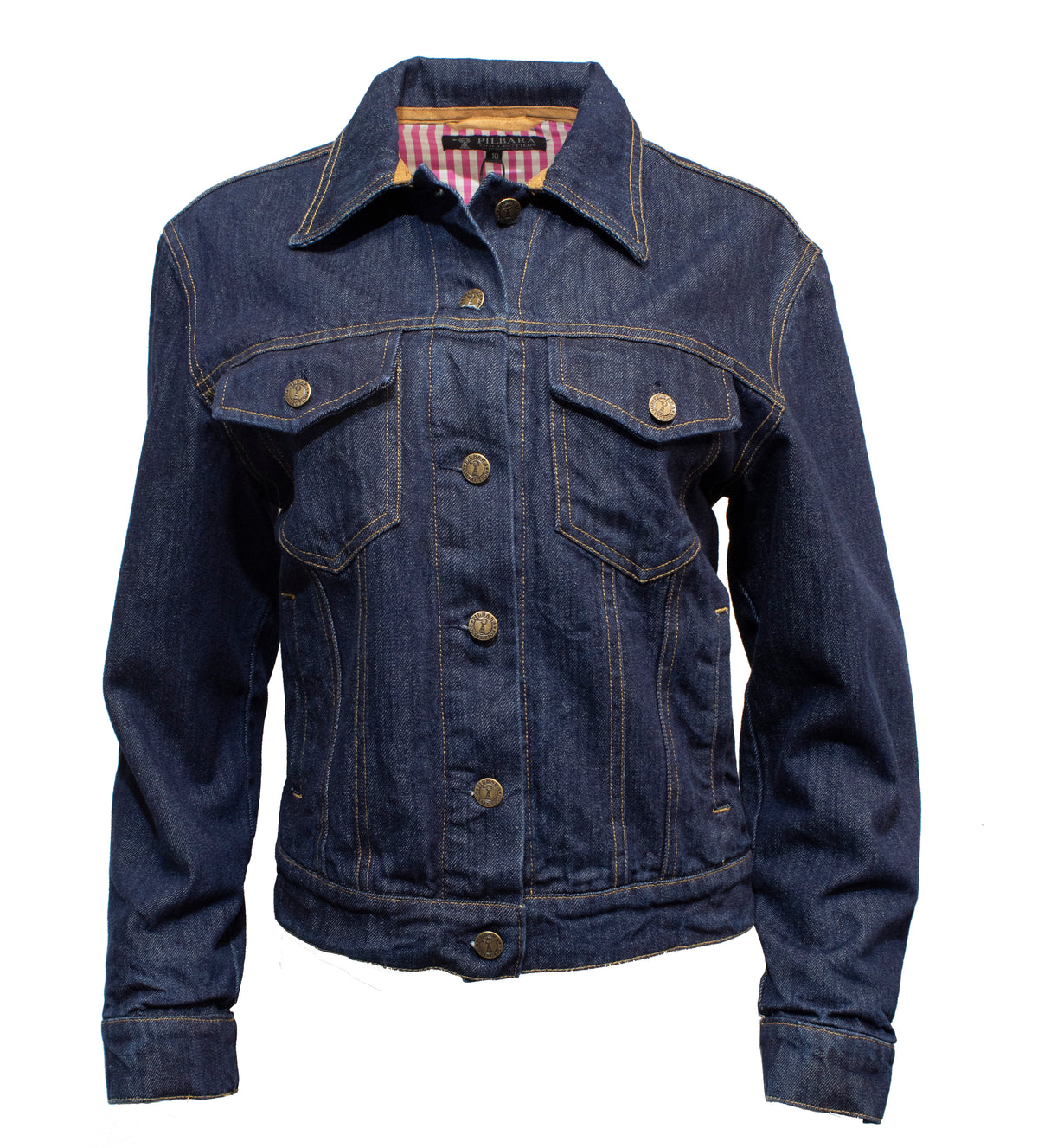 The Pilbara Ladies Denim Jacket, made from 100% cotton dark blue denim, features front metal buttons and two buttoned chest pockets. It showcases a striped red and white lining visible at the collar.