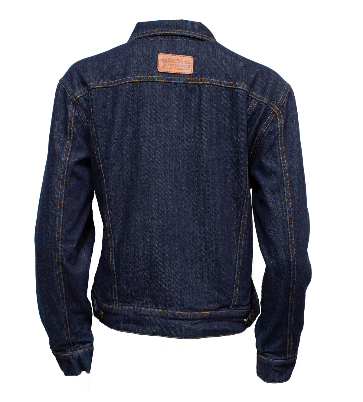 The Pilbara Ladies Denim Jacket, made from 100% cotton, is shown from the back in dark blue denim. It boasts contrast stitching, a brown leather patch on the upper back, buttoned cuffs, and a classic collar.