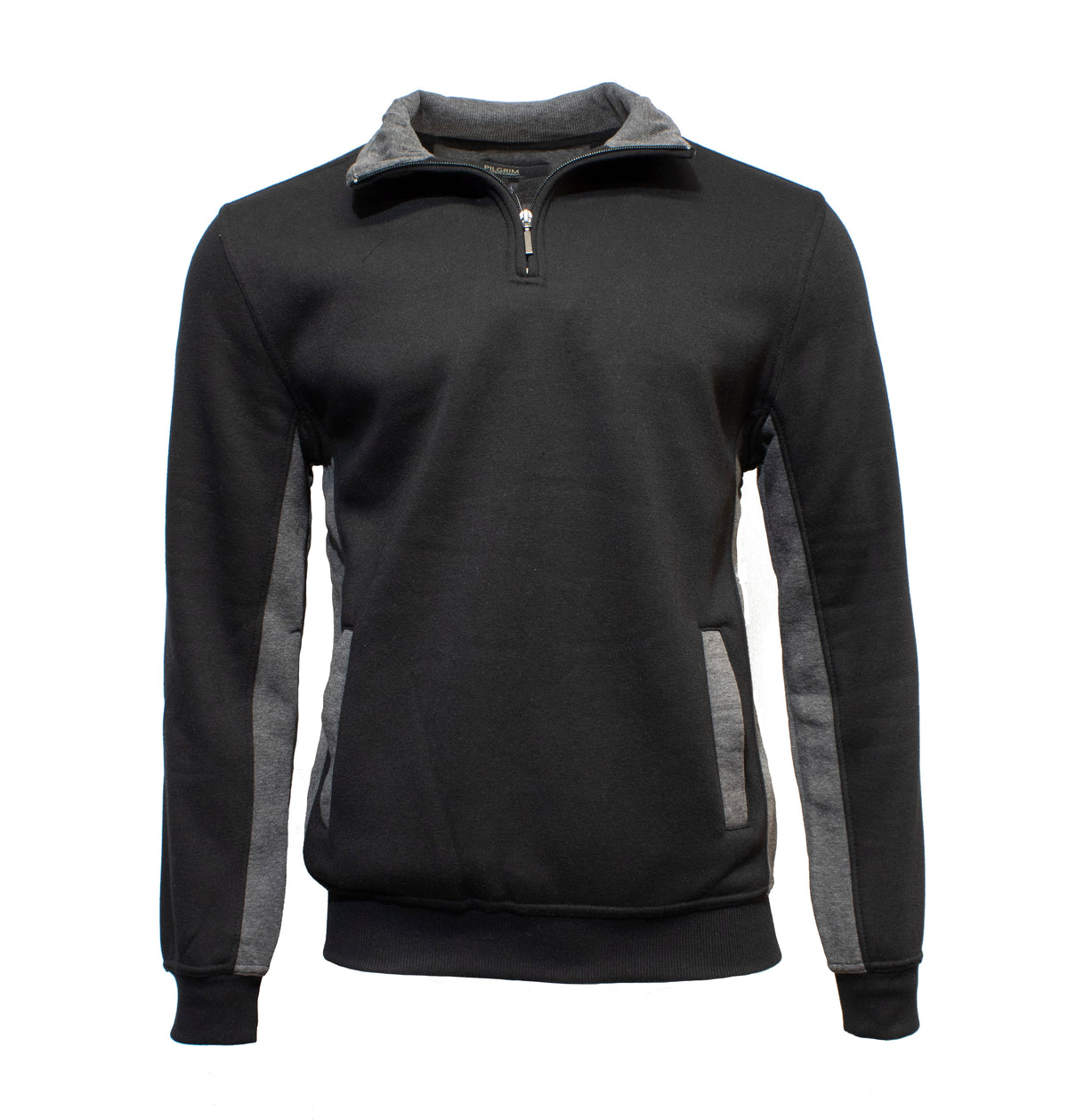 The Pilgrim 1/4 Zip Fleece is a black pullover jumper with a stylish quarter zip collar, gray accents on the inner collar and sides, long sleeves featuring rib knit cuffs with gray detailing, and two convenient front pockets for a casual look.