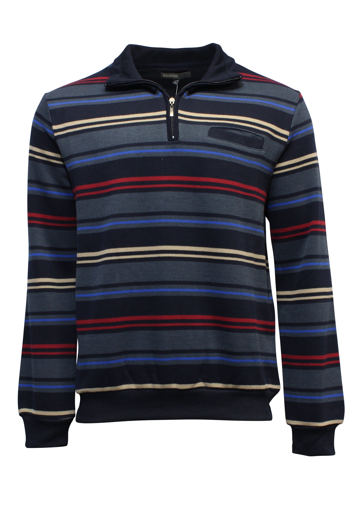 The Pilgrim Quarter Zip French Rib Fleece features horizontal stripes in navy blue, red, and beige. It has a fashionable half zip collar and a small left chest pocket, with solid navy blue rib-knit cuffs and hem for a classic touch.