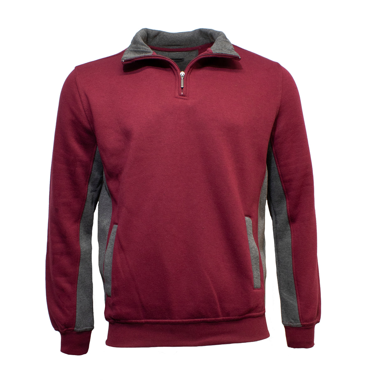The Pilgrim 1/4 Zip Fleece is a maroon pullover jumper with a quarter-zip design, featuring gray accents on the inner collar, sleeves, and pockets.