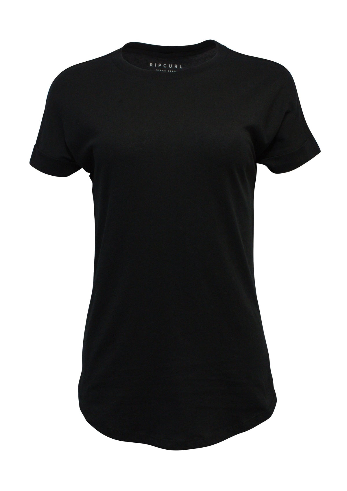 The Rip Curl Plains Tee is a plain black short-sleeve crew neck t-shirt, made from 100% cotton, shown on a white background.