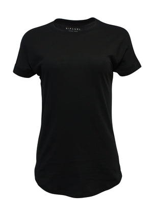 The Rip Curl Plains Tee is a plain black short-sleeve crew neck t-shirt, made from 100% cotton, shown on a white background.