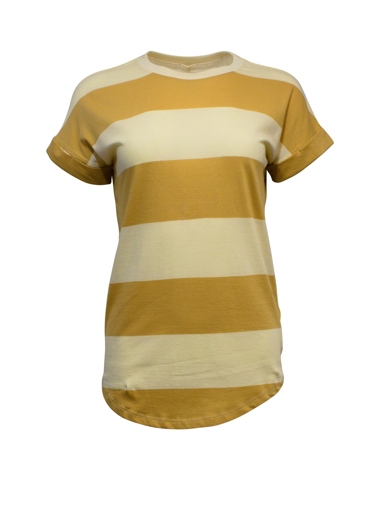 The Rip Curl Plains Tee is a 100% cotton, short-sleeved shirt with bold mustard yellow and off-white horizontal stripes, shown on a plain white background.