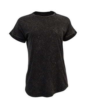 The Rip Curl Plains Tee is a black short-sleeve shirt with a washed, faded look. Made from 100% cotton, it features cuffed sleeves, a relaxed fit, and a curved hem for effortless style.