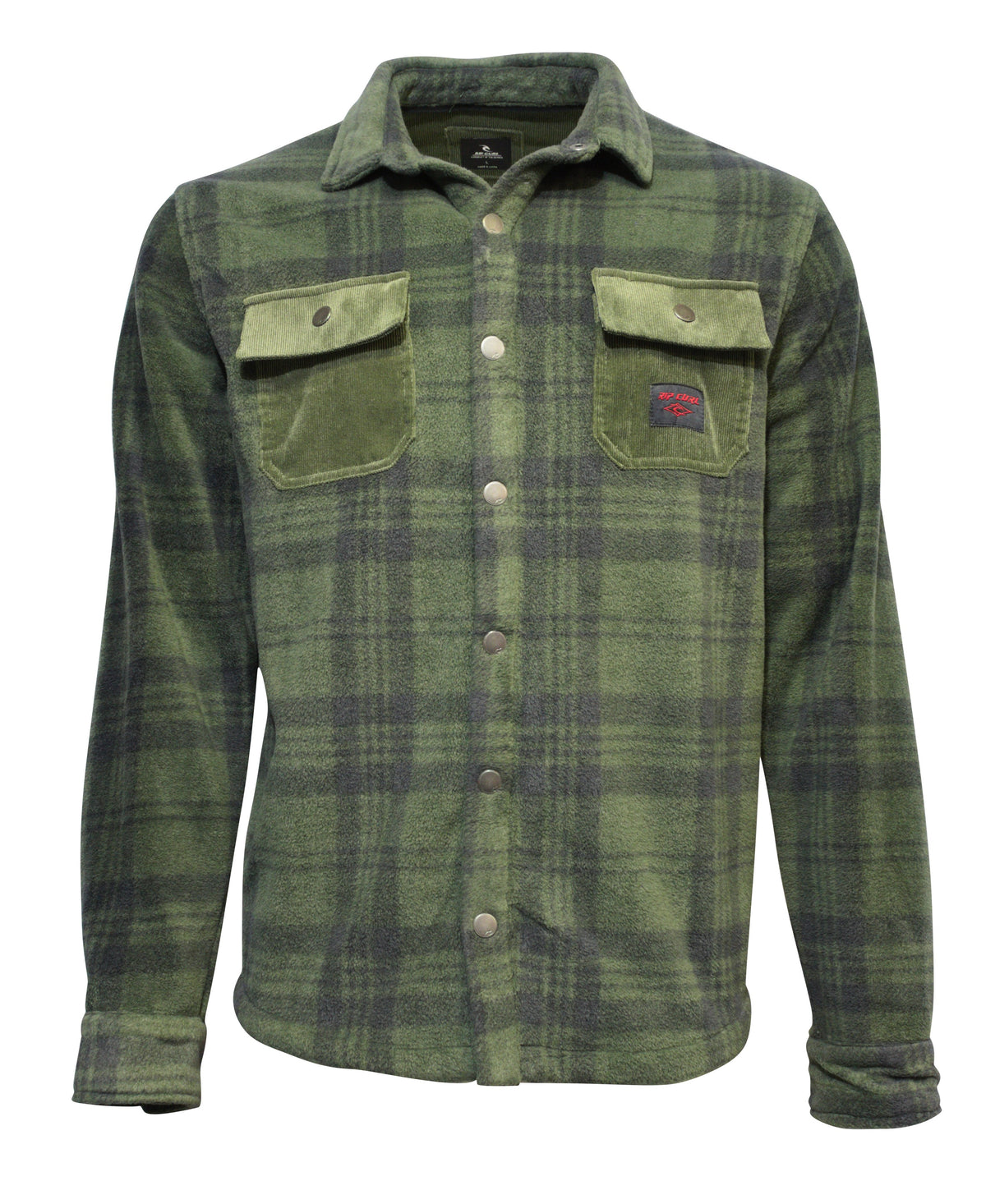 The Rip Curl Polar Fleece Party Pack Shirt is a green plaid button-up with long sleeves, featuring two chest pockets, one accented by a small red and blue patch. It's made from soft, textured polyester fabric resembling flannel.