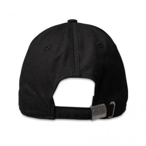 The image shows the back view of the CAT Trademark Cap, featuring an adjustable strap with a metal buckle for fitting. The black baseball cap also boasts two small ventilation holes on either side.