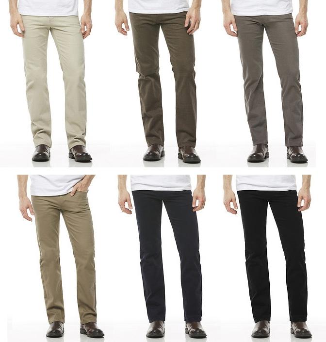 The image features a person modeling six pairs of stylish Riders Straight Moleskin Stretch pants in various colors: beige, brown, grey, tan, navy blue, and black. These lightweight and wrinkle-resistant pants are neatly displayed in two rows of three pairs each. The person is also dressed in a white shirt and black shoes.