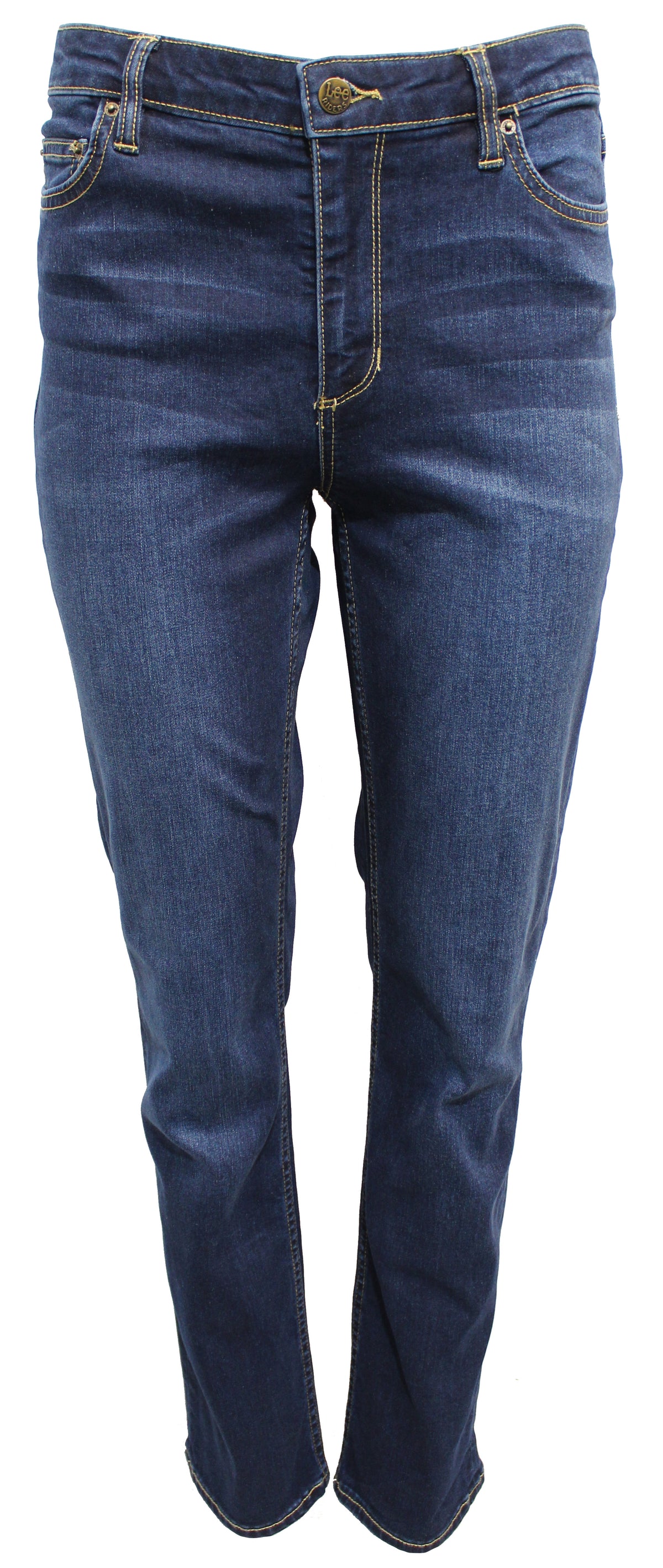 The Riders Classic Mid Straight Jean, captured from the front, showcases a pair of blue denim mid-rise jeans. These stylish jeans feature classic five-pocket styling with yellow stitching and a button with a zip fly closure. The denim has a slightly faded finish around the thighs and knees, and the legs are straight and slightly tapered.