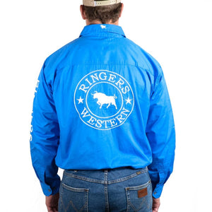 A man in a "Ringers Western Hawkeye" work shirt, made from 100% cotton and offering UPF50+ protection, stands with his back turned. He's wearing a beige baseball cap and jeans, highlighting the classic white bull and stars logo.
