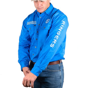 A person in a bright blue Ringers Western Hawkeye Embroidered Shirt, made of 100% cotton, with logos on the chest and sleeve, adjusts the cuff. They wear a white hat and blue jeans offering UPF50+ protection against a plain white background.