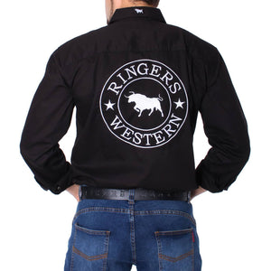A person is seen from the back wearing a black Ringers Western Hawkeye Embroidered Shirt with UPF50+ protection, "RINGERS WESTERN," and a bull design. The outfit, paired with blue jeans and a dark belt, seamlessly blends style and functionality.