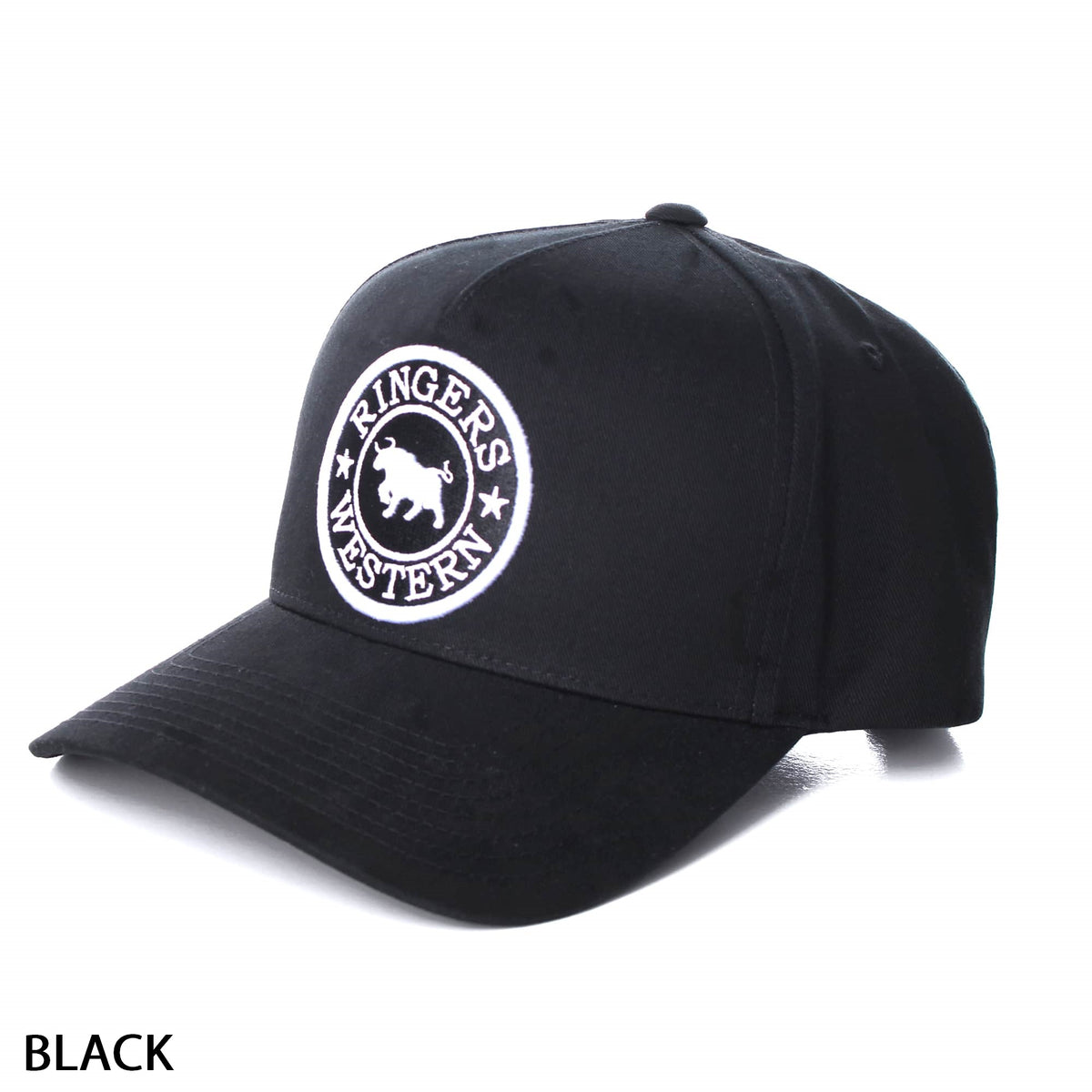 The Ringers Western Grover Baseball Cap boasts a sleek black design with a circular embroidered patch on the front. The patch displays a cow silhouette encircled by the text "Ringers Western." This cap features a curved brim, six panels, and an adjustable strap to ensure the perfect fit. "BLACK" is printed in the bottom left corner of the image.