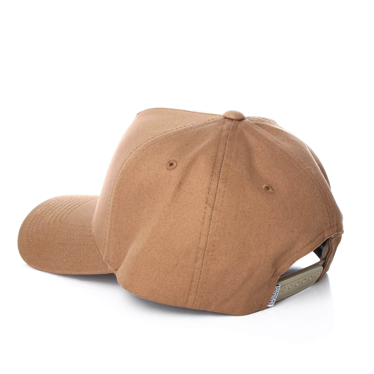 The Ringers Western Grover Baseball Cap, a brown cap with a curved brim and an adjustable strap at the back, exudes style. Placed on a white surface and viewed from the rear side, it highlights Ringers Western craftsmanship through its adjustment mechanism and sleek form.
