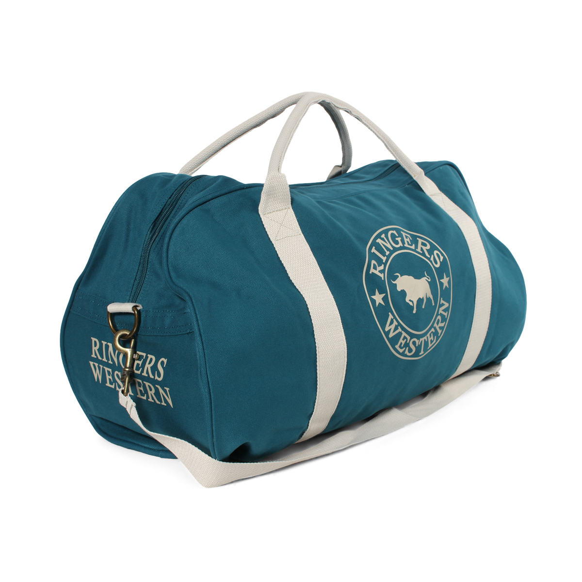 The Ringers Western Gundagai Duffle is a blue-green cotton canvas duffel bag adorned with beige straps and accents. It features the "Ringers Western" text along with a circular logo showcasing a bull. The bag includes a top handle, a detachable shoulder strap, and a side pocket.