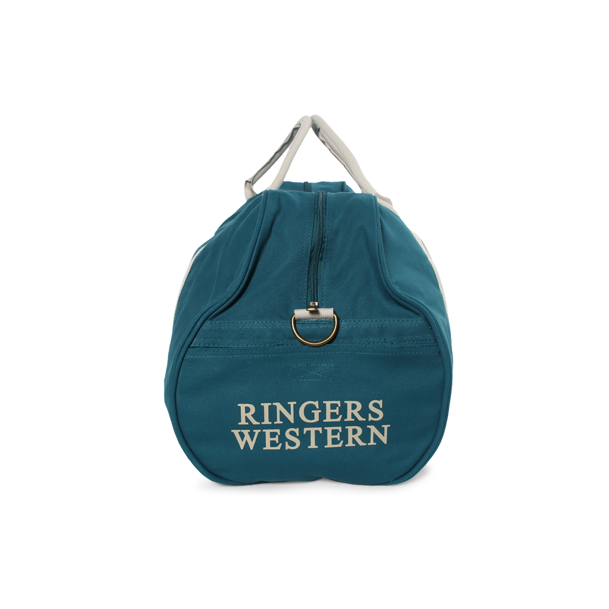 The Ringers Western Gundagai Duffle is a teal cotton canvas duffle bag with "RINGERS WESTERN" text on the front, featuring a white strap handle at the top and a gold ring attached to the front.