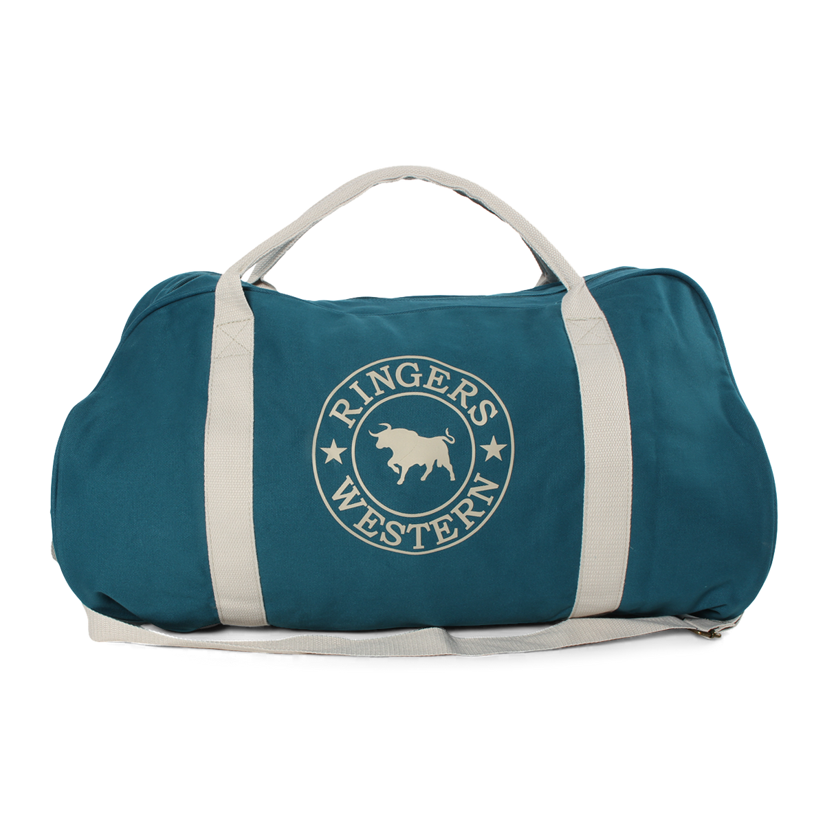 The Ringers Western Gundagai Duffle is a teal cotton canvas duffle bag with white handles and straps, featuring a circular logo with a silhouette of a bull in the center, surrounded by the words "Ringers Western.