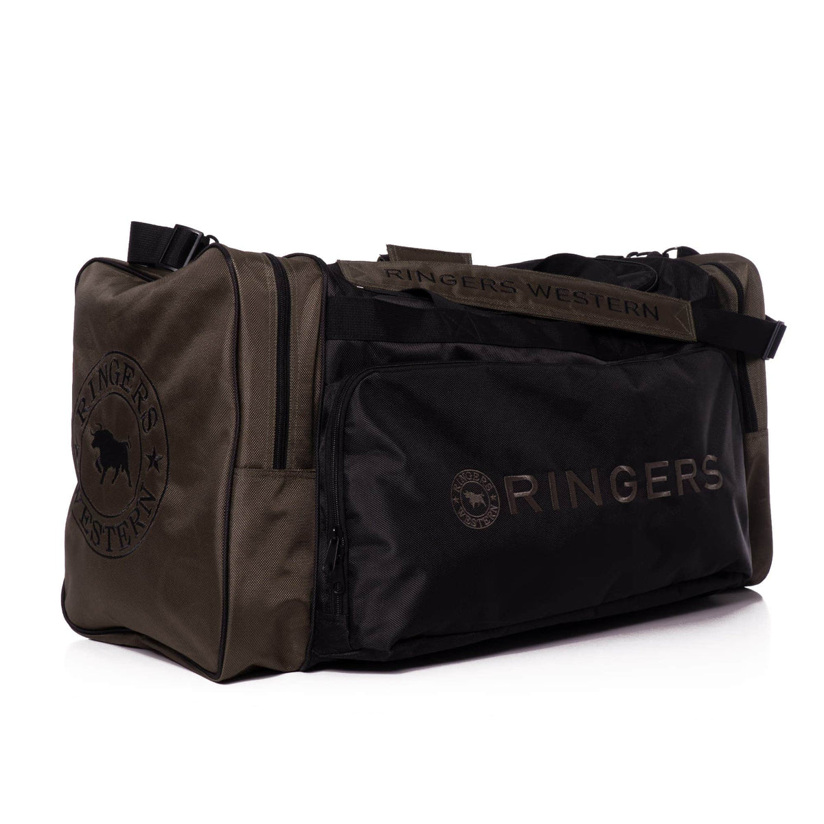 The Ringers Western Coolabah Sports Bag, a large dark green and black duffel branded with "Ringers Western" on the front pocket and sides, boasts multiple spacious zippered compartments and durable handles. The bag is displayed against a plain white background.