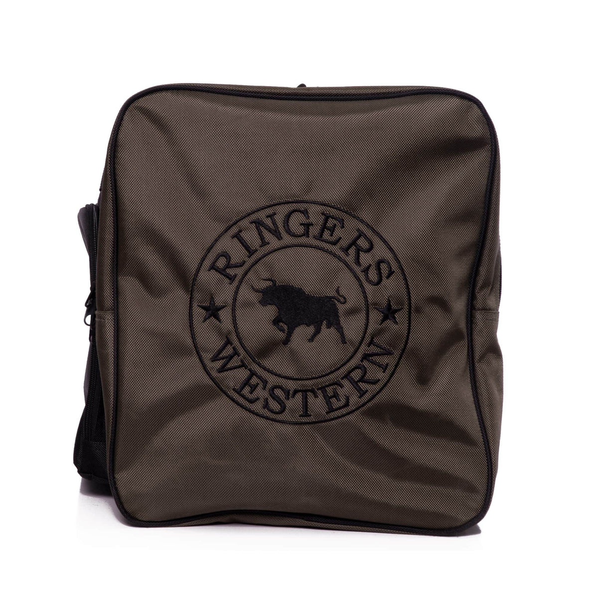 The Ringers Western Coolabah Sports Bag is a square-shaped, olive green bag with black piping and a zipper closure. It features a black circular logo on the front with a bull silhouette in the center and the words "Ringers Western" around the circle. This bag includes multiple large zippered compartments to meet all your storage needs.