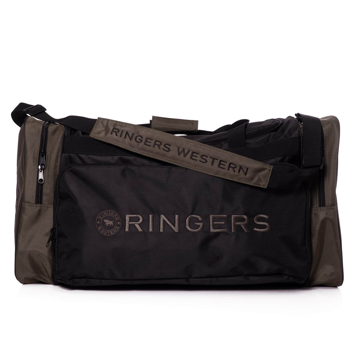 The Ringers Western Coolabah Sports Bag, available in black and olive, prominently showcases the brand's name on both the front pocket and shoulder strap. It includes multiple large zippered compartments and features a short handle on top.