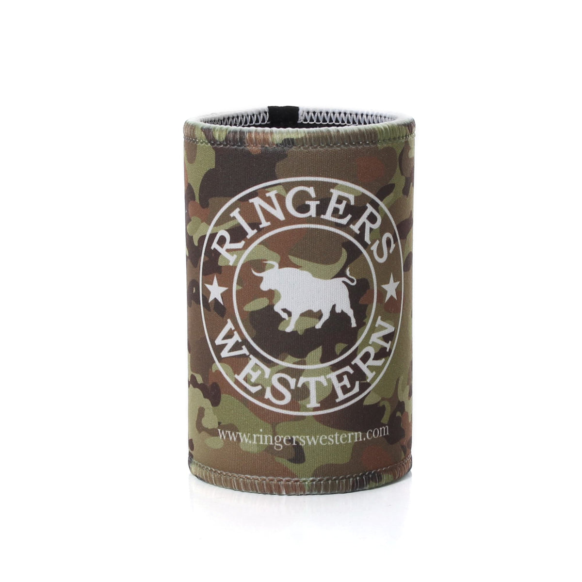 Presenting the Ringers Western Signature Bull Stubby, a camouflage-patterned cooler adorned with the "Ringers Western" logo in white, showcasing an image of a cow overlaid by a dog. The bottom features the website "www.ringerswestern.com." This stylish cooler is perfect for keeping your drinks cool.