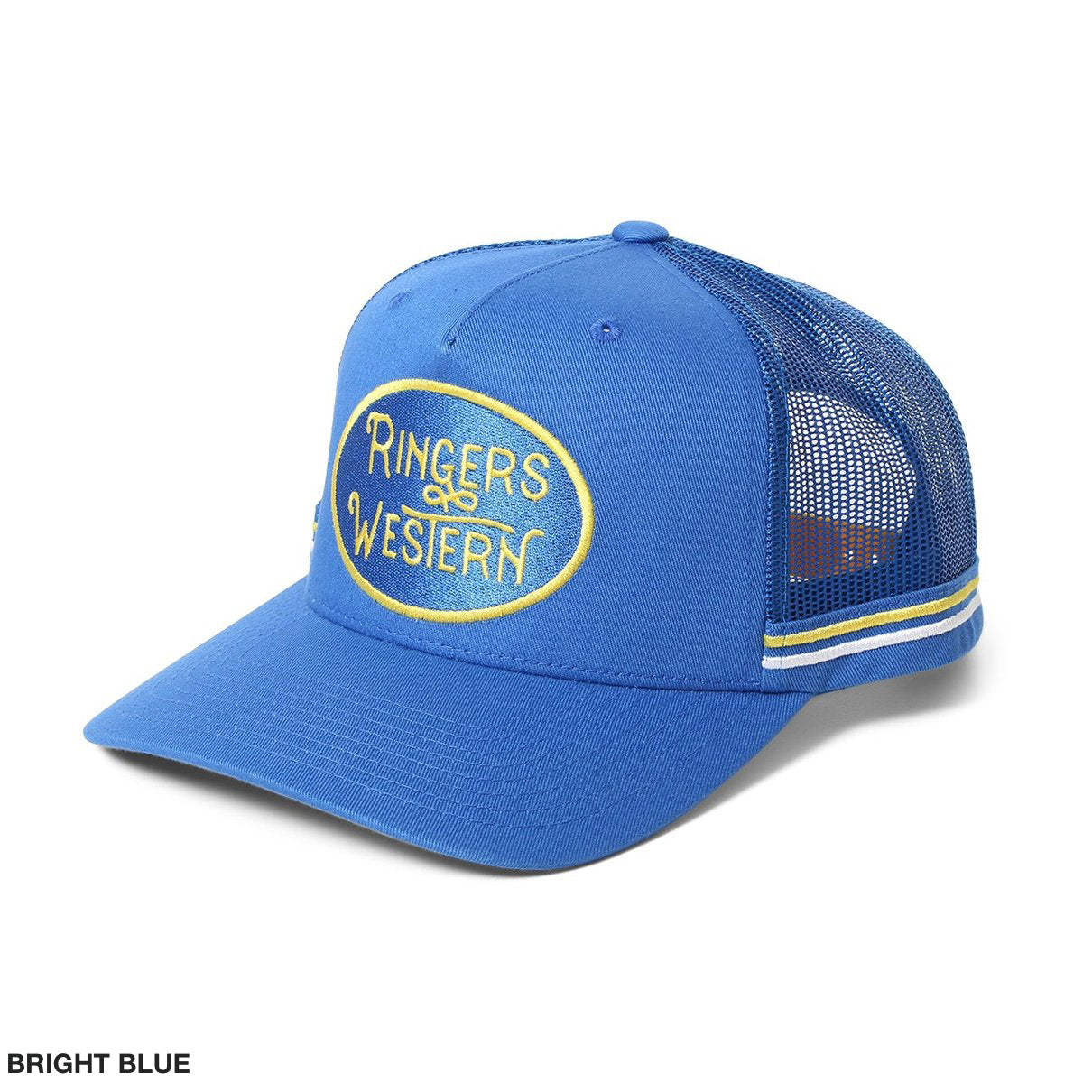 The Ringers Western Truckstop Trucker Cap is a vibrant blue mesh trucker hat featuring "Ringers Western" embroidered in yellow text within a yellow oval on the front panel. It also includes two white and one yellow stripes on the side and comes with an adjustable strap for a perfect fit.