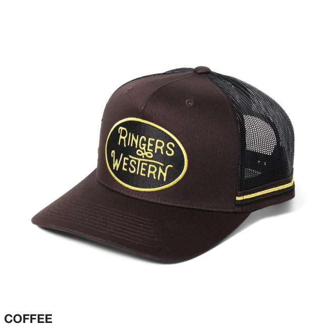 The Ringers Western Truckstop Trucker Cap boasts a brown mesh back, iconic front yellow "Ringers Western" logo, and a stylish yellow side stripe against a white background with "COFFEE" printed elegantly in the corner.