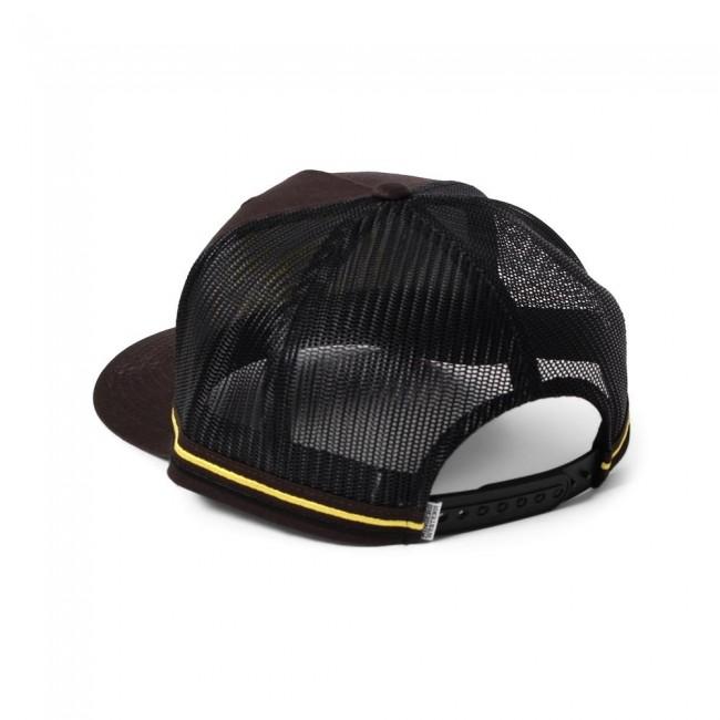 The Ringers Western Truckstop Trucker Cap features a black mesh back, brown brim, and yellow stripe above the snap closure, with its rear view showcased.
