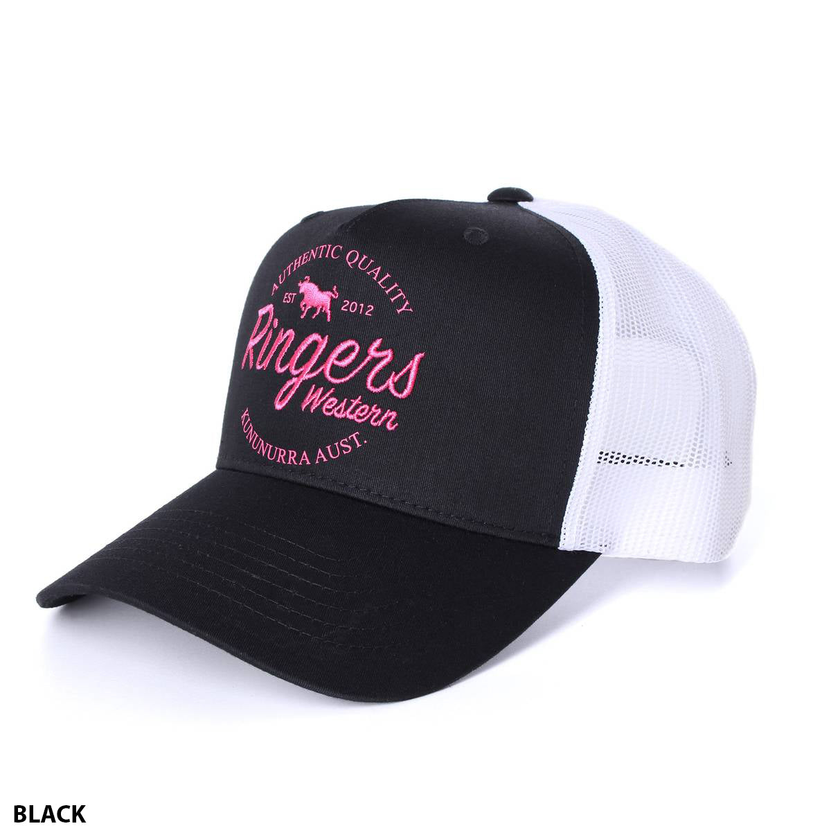 The Ringers Western Boundary Trucker Cap boasts a black front paired with a white mesh back. Embellished with pink embroidery, it displays the text "Ringers Western" along with a horse graphic and includes the phrases "Authentic Quality" and "Kununurra Aust.