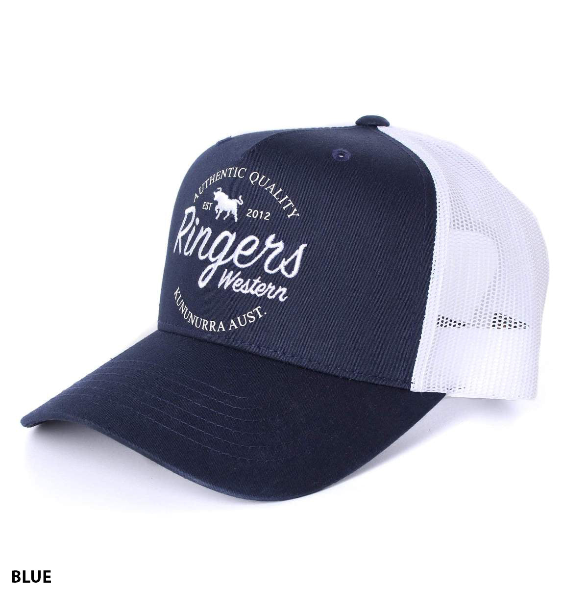 Ringers Western Boundary Trucker Cap in navy blue and white, featuring a mesh back and an embroidered front with "Ringers Western," "Authentic Quality," a graphic of a bull, "Kununurra Aust.," and "Est. 2012." The color is labeled as "BLUE" in the bottom left corner.