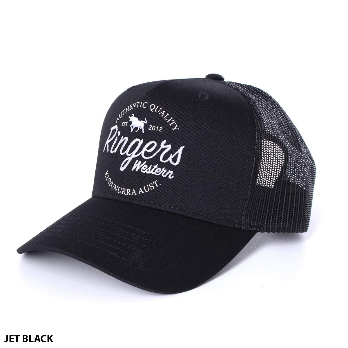 The Ringers Western Boundary Trucker Cap is a Jet Black mesh back trucker cap that showcases the "Ringers Western" logo in white embroidery on its structured front panel. The text includes "Authentic Quality," "EST. 2012," and "Kununurra Aust." This cap also features a curved brim.