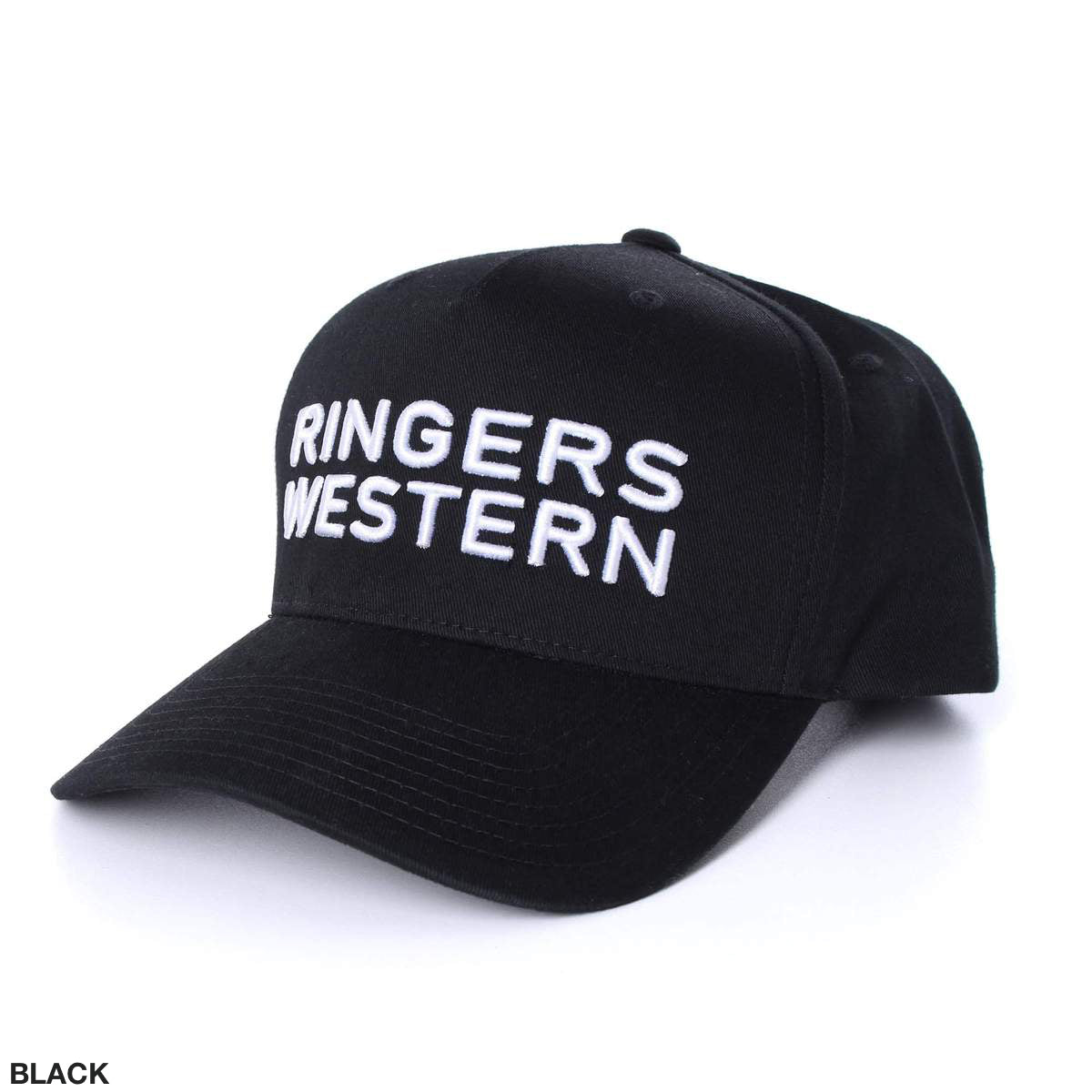 The Ringers Western Channel Baseball Cap, a black cotton design with "Ringers Western" embroidered in white, features a curved brim and six panels. Photographed against a white background, it perfectly blends style and comfort.