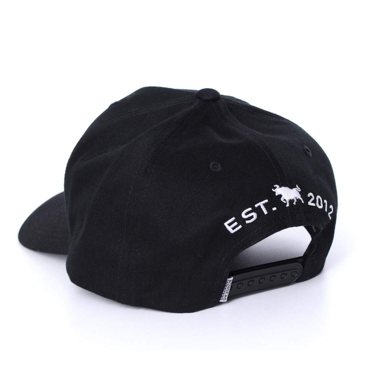 The Ringers Western Channel Baseball Cap in black features an adjustable strap, visible from the back. "EST. 2012" and a small embroidered logo of a horse and rider appear in white on the right side above the strap.