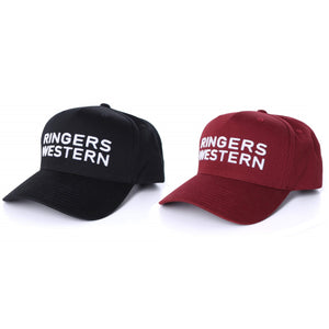 Two Ringers Western Channel Baseball Caps are displayed side by side against a white background. The cap on the left is black, and the cap on the right is red. Both caps have "RINGERS WESTERN" written in white capital letters across the front and feature an adjustable strap for a perfect fit.