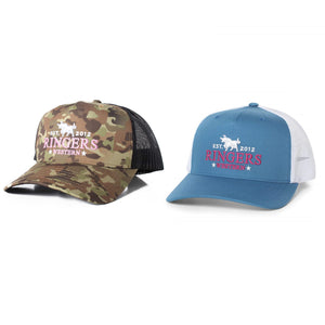 The Ringers Western Western Star Trucker baseball caps include the "EST. 2012 RINGERS WESTERN" text and a bull rider logo. The cap on the left features a camouflage pattern with a black mesh back and an adjustable strap, while the one on the right is blue with a white mesh back.