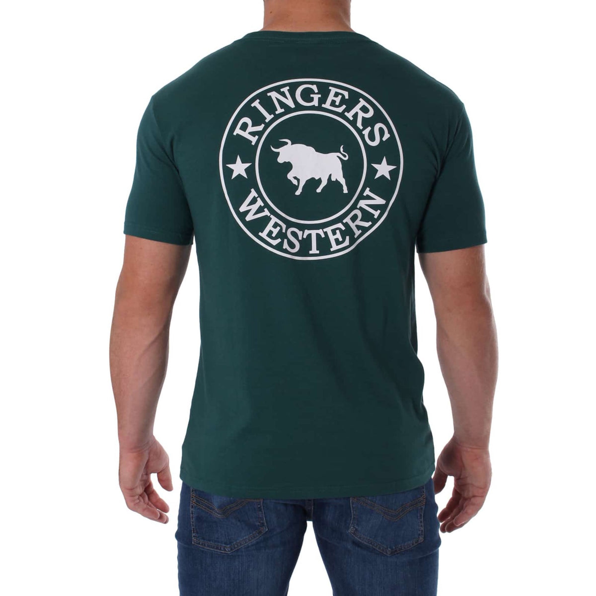 A person wearing the Ringers Western Signature Bull Classic T-Shirt, which is a dark green, comfortable crew neck with "Ringers Western" and a bull logo printed on the back. The individual is facing away, showcasing the back of the shirt, and is also wearing blue jeans.