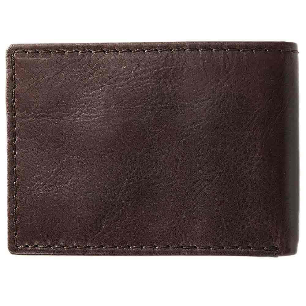 A closed brown Rip Curl Perforation RFID Slim Wallet with visible stitching rests elegantly on a plain white background.