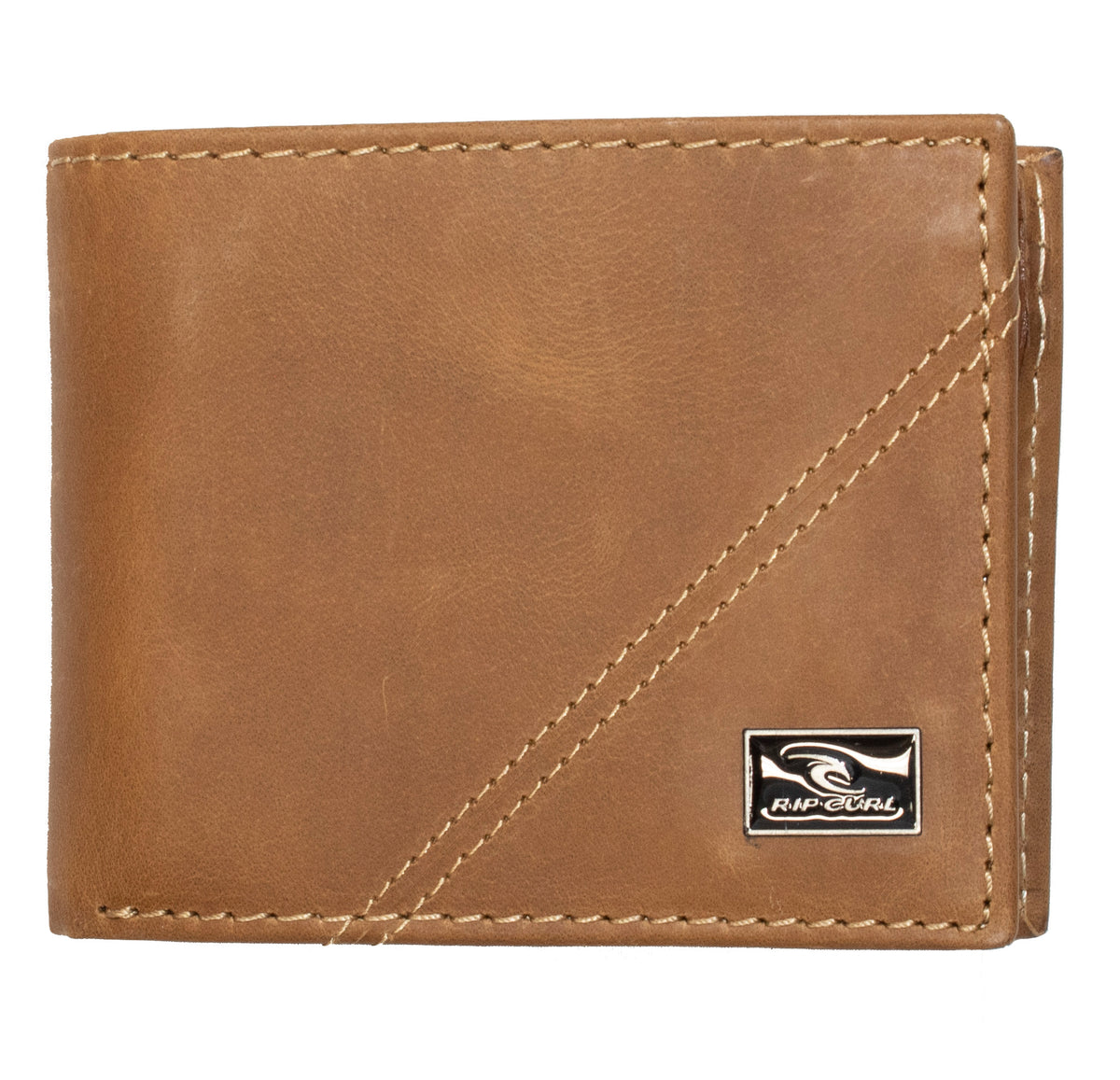 The Rip Curl A Sport RFID 2 In 1 Wallet is a light brown genuine leather accessory featuring a stitched diagonal design on the front. It includes a small metal emblem with the logo and the word "RIPCURL." The edges are meticulously stitched with beige thread, offering a neat and polished appearance.