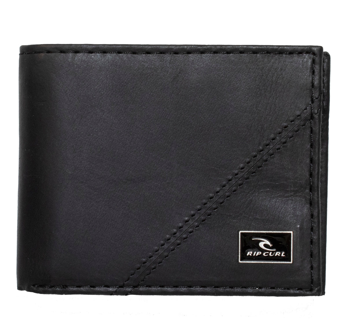 The Rip Curl A Sport RFID 2 In 1 Wallet in black genuine leather boasts a sleek and minimalist design. It features a bifold structure with a stitched diagonal line across the front, complemented by a small metallic label at the bottom right corner displaying the "Rip Curl" brand name and logo. This wallet combines style and security with its built-in RFID protection.