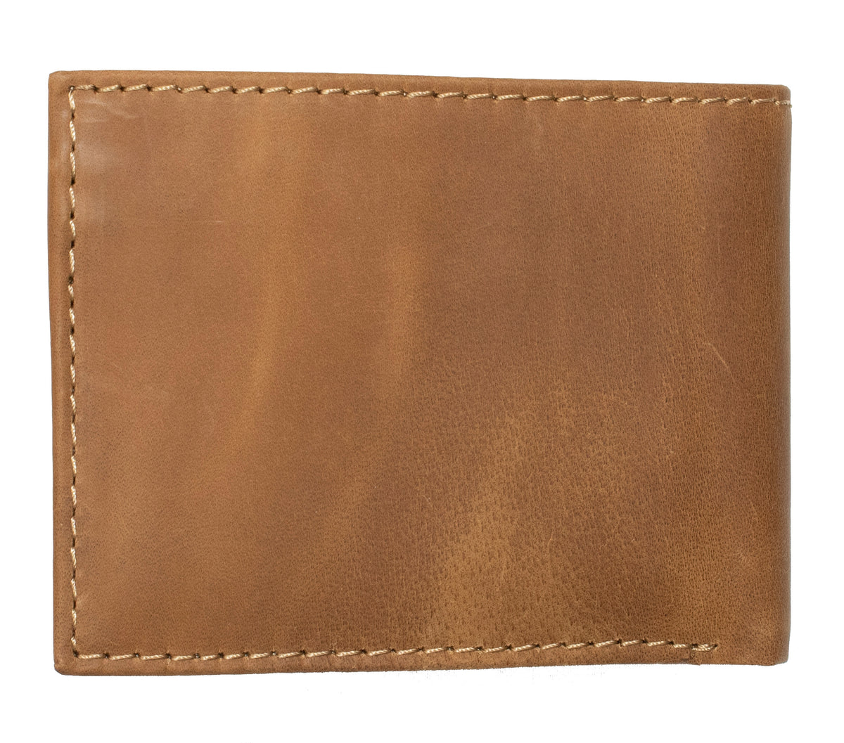 A tan Rip Curl A Sport RFID 2 In 1 Wallet made from genuine leather, featuring visible stitching along the edges. The wallet has a smooth texture with slight discolorations and wear patterns, indicating use. It is shown from the outside, showcasing the front cover.