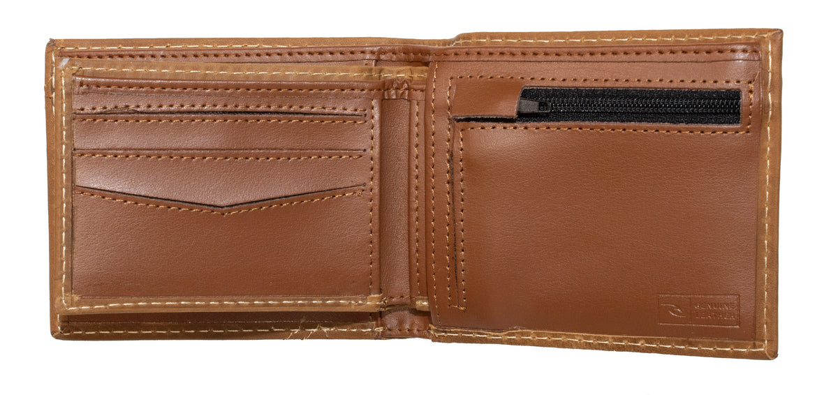 Open brown leather Rip Curl A Sport RFID 2 In 1 Wallet with multiple card slots on the left and a zippered pocket on the right. White stitching outlines its edges, offering style and security.