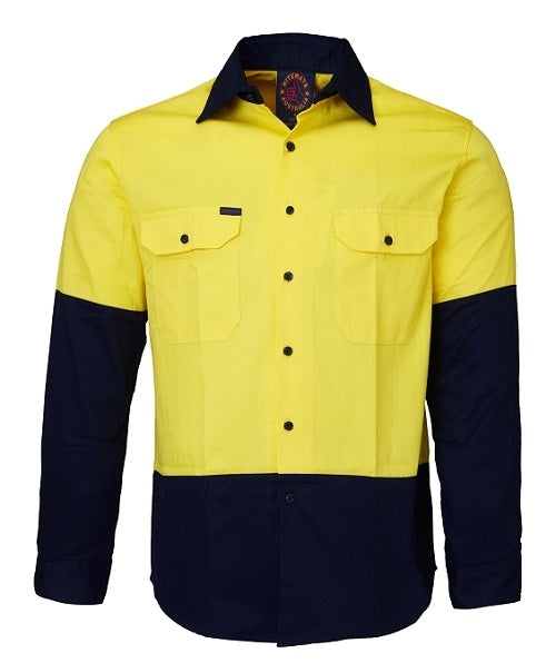 The Ritemate Hi Vis Open Front Long Sleeve Shirt is a long-sleeve, button-up work shirt with a high-visibility design, made from 100% Cotton Twill. The top half is yellow, while the bottom half—including the collar, cuffs, and parts of the sleeves—is dark blue. It also features two front chest pockets with buttoned flaps.