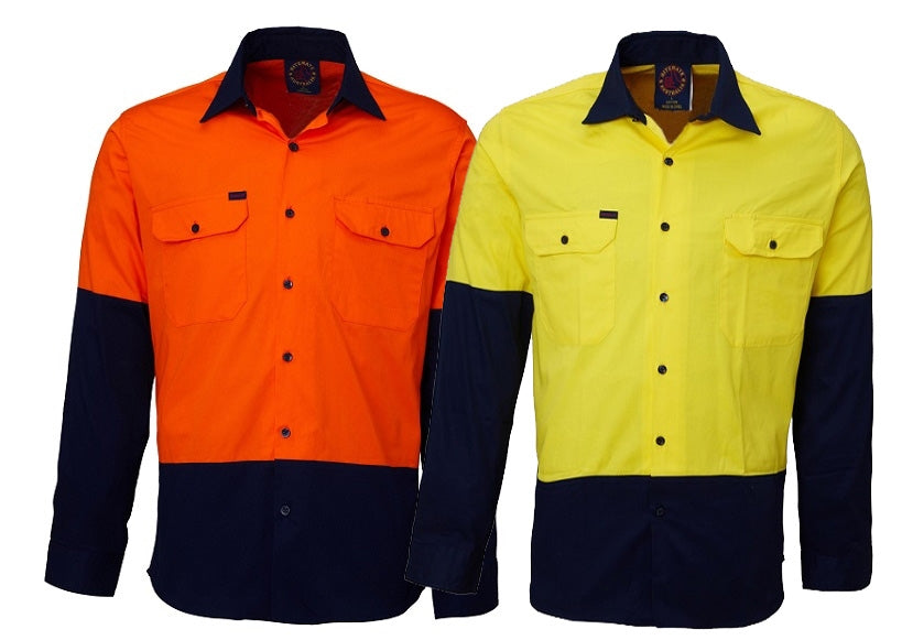 Two Ritemate Hi Vis Vented Open Front Light Weight Long Sleeve Shirts are displayed side by side. The left one is orange and navy, while the right one is yellow and navy. Each 100% Cotton Twill shirt features a button-down front, two chest pockets with flaps, dark collars and sleeves, and cotton mesh cooling vents for added comfort.
