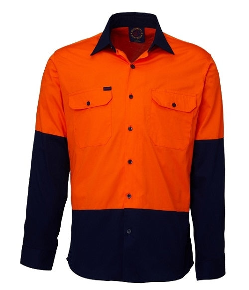 The Ritemate Hi Vis Vented Open Front Light Weight Long Sleeve Shirt is made of 100% Cotton Twill and features an orange top with a dark navy bottom. It includes two chest pockets with flaps and buttons, a navy collar, and navy cuffs for added style. Designed for comfort, it incorporates cotton mesh cooling vents and is displayed against a white background.