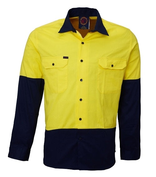 The Ritemate Hi Vis Vented Open Front Light Weight Long Sleeve Shirt is a high-visibility 100% Cotton Twill work shirt that features long sleeves. It is predominantly yellow on the upper half, with navy blue on the lower half, sleeves, and shoulders. The shirt includes button closures, two chest pockets, and cotton mesh cooling vents for added comfort.